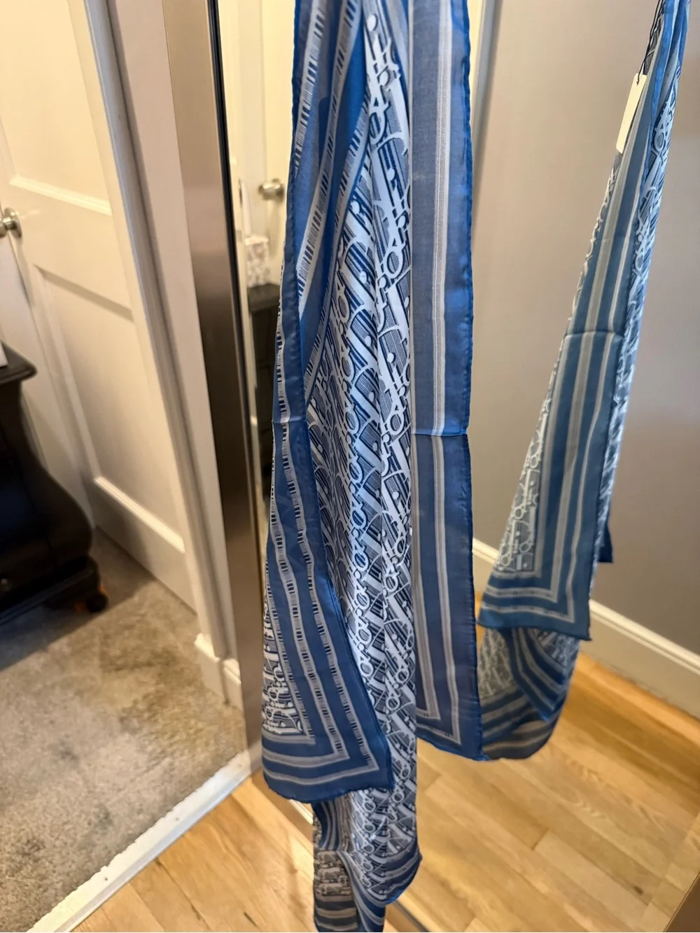Dior Blue and White Striped Logo Silk Scarf